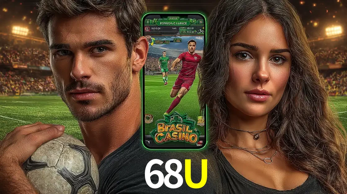 Homem segurando uma bola de futebol e uma mulher ao lado de um smartphone exibindo o jogo de apostas esportivas da 68U. Faça seu palpite no cassino online.